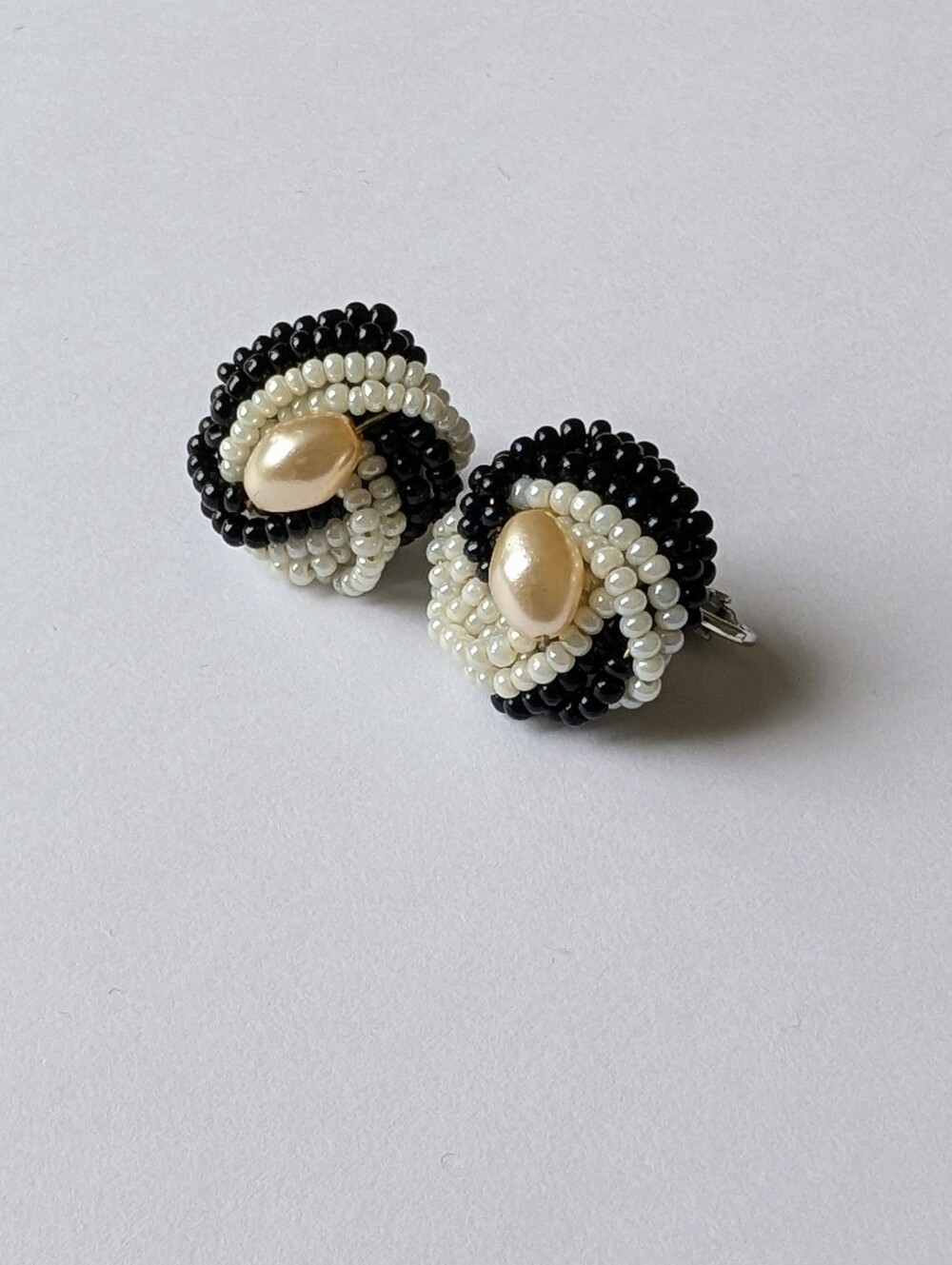 Vintage Beaded Black And White Clip On Earrings With Costume Pearl